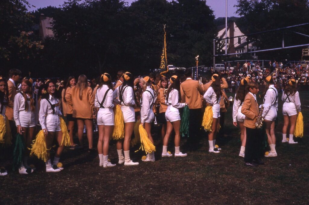 HHS Marching Band and The Hudsonettes prepare to take the field for a halftime show in 1971.