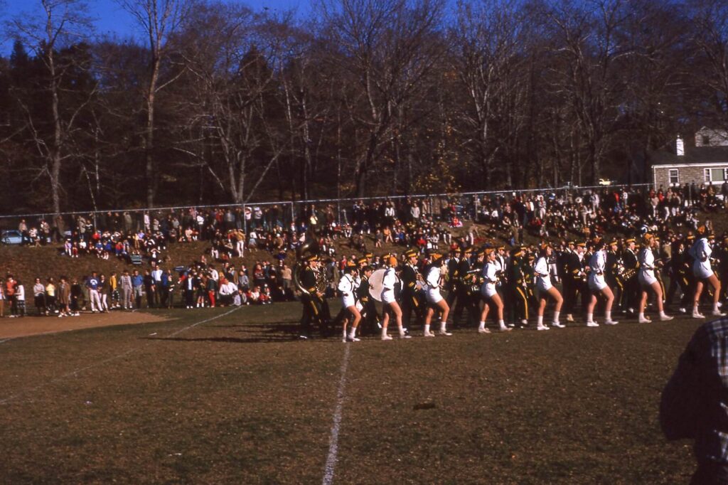 Hastings at Dobbs Ferry Varsity Football game at Gould Park. Halftime show with band and Hudsonettes. 1964.
