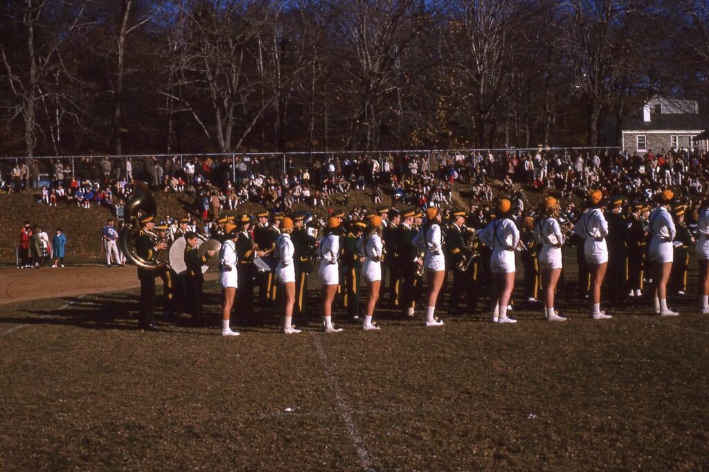 Hastings High School Marching Band performing at Halftime.  Gould Park in Dobbs Ferry.  1964.