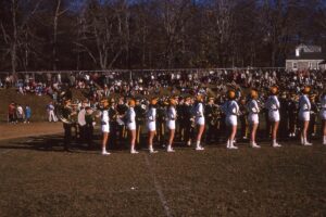 Hastings High School Marching Band performing at Halftime.  Gould Park in Dobbs Ferry.  1964.