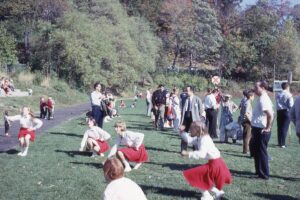 Hastings Rams cheerleaders performing at a Rams Football game in 1966.