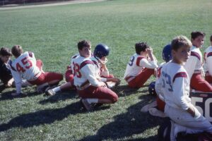 Some Hastings Rams football players on the sidelines in 1966.