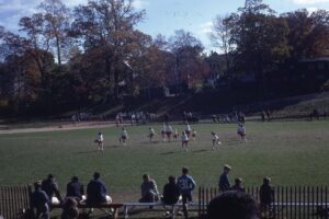 Hastings Rams Cheerleaders on the field probably during halftime at a Rams football game in 1967