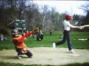 Scott Shannon up at bat during a little league practice at Reynolds Field in 1964.