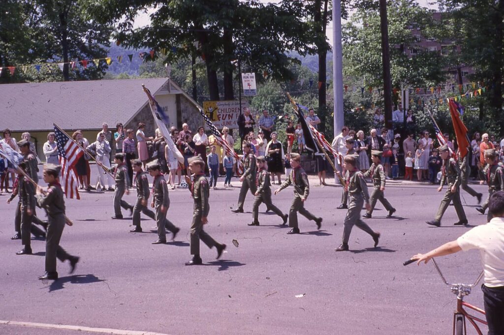Memorial Day Parade 1966 – Boy Scouts exiting Five Corners, approaching The Grace Episcopal Church