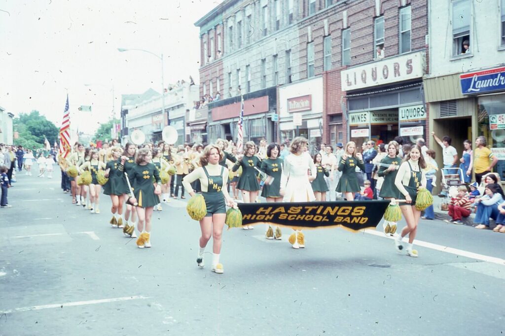 Memorial Day Parade 1976 – Hudsonettes and Twirlers in front of the band