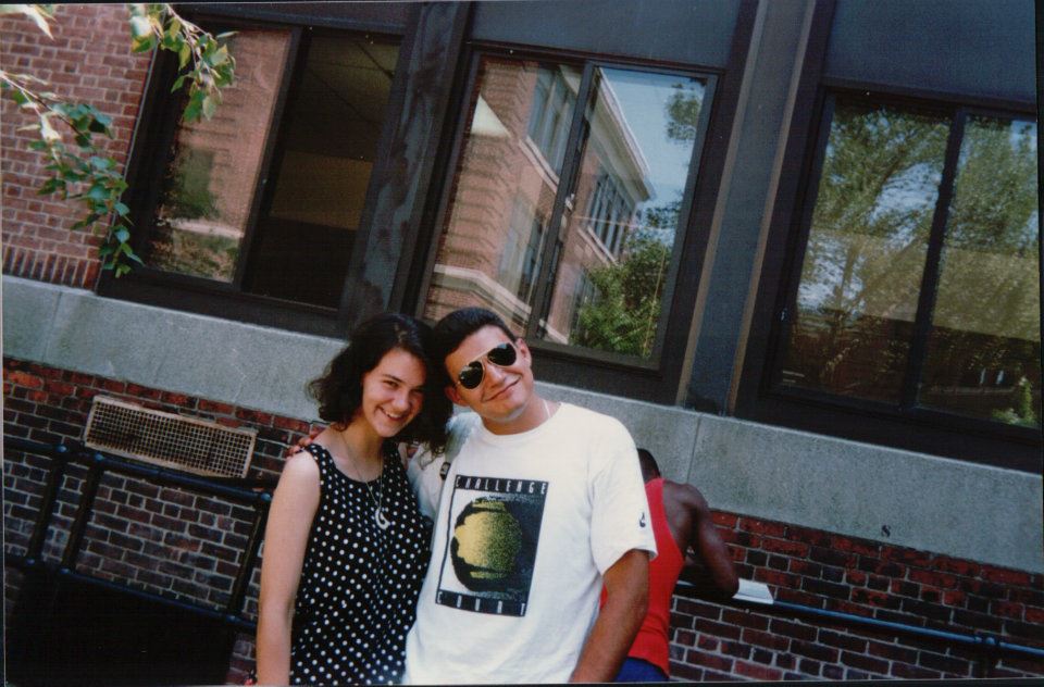 Liz Rice and David Lopez outside the school in 1991.
