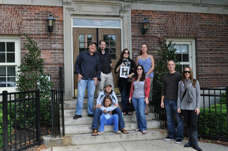 Group of HHS 1991 out in front of the school before their school tour during their 20th reunion in 2011.