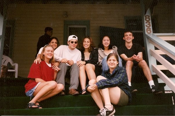 Seven high school friends hanging out on the steps, circa 1996.