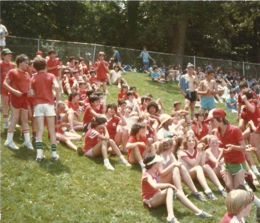 Group of 5th graders at Field Day at Reynolds Field in 1983