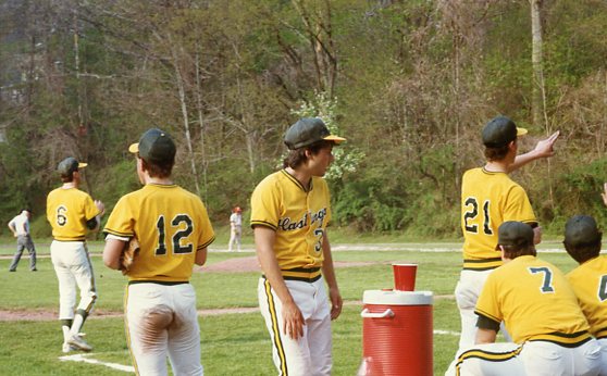 Richard Lovejoy by the water cooler.  Hastings Varsity Baseball, 1990.