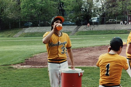 Richard Lovejoy having a drink by the water cooler.  Hastings Varsity Baseball, 1990.