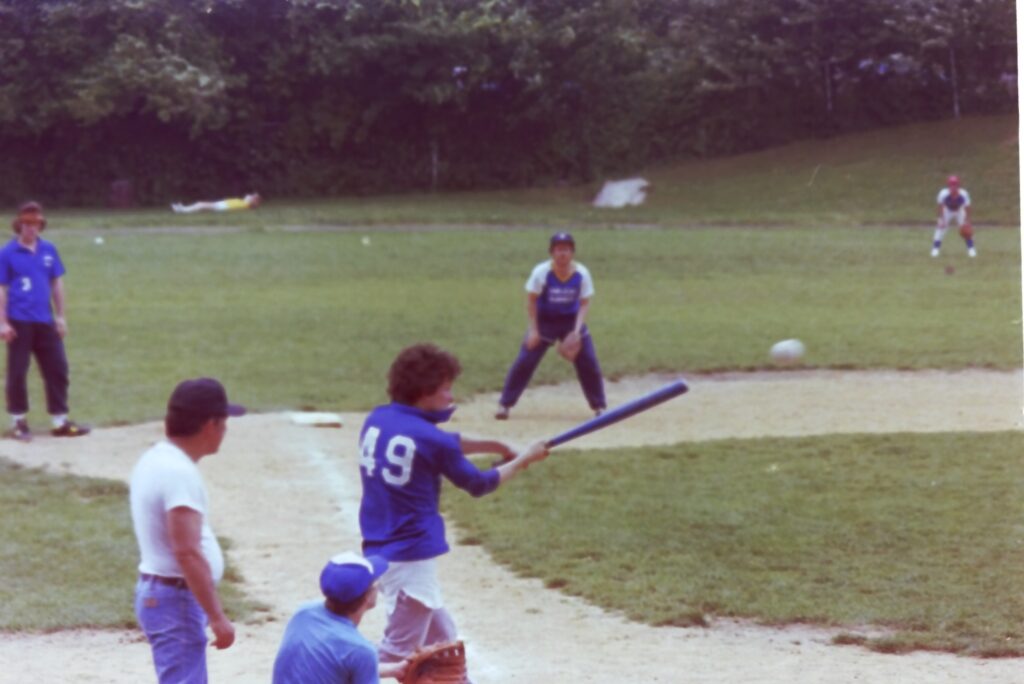 Andrew Myhal up at bat at Hastings Softball game