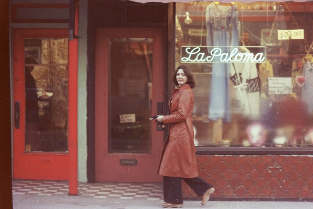 Christine Bianchi, HHS 1977, walking in front of La Paloma in the 1970’s