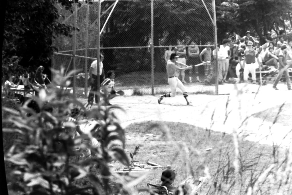 Chip Bingham, HHS 1973, batting in an adult softball game