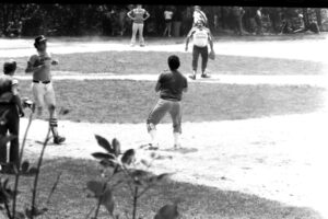 Chip Bingham out at first at an adult softball game