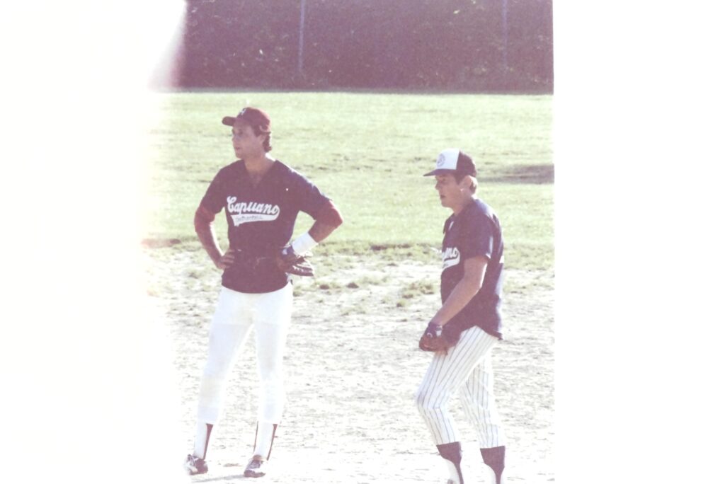 Mark Bingham and Butch Chemka at adult softball game