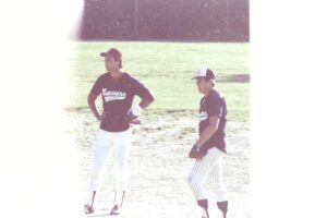 Mark Bingham and Butch Chemka at adult softball game