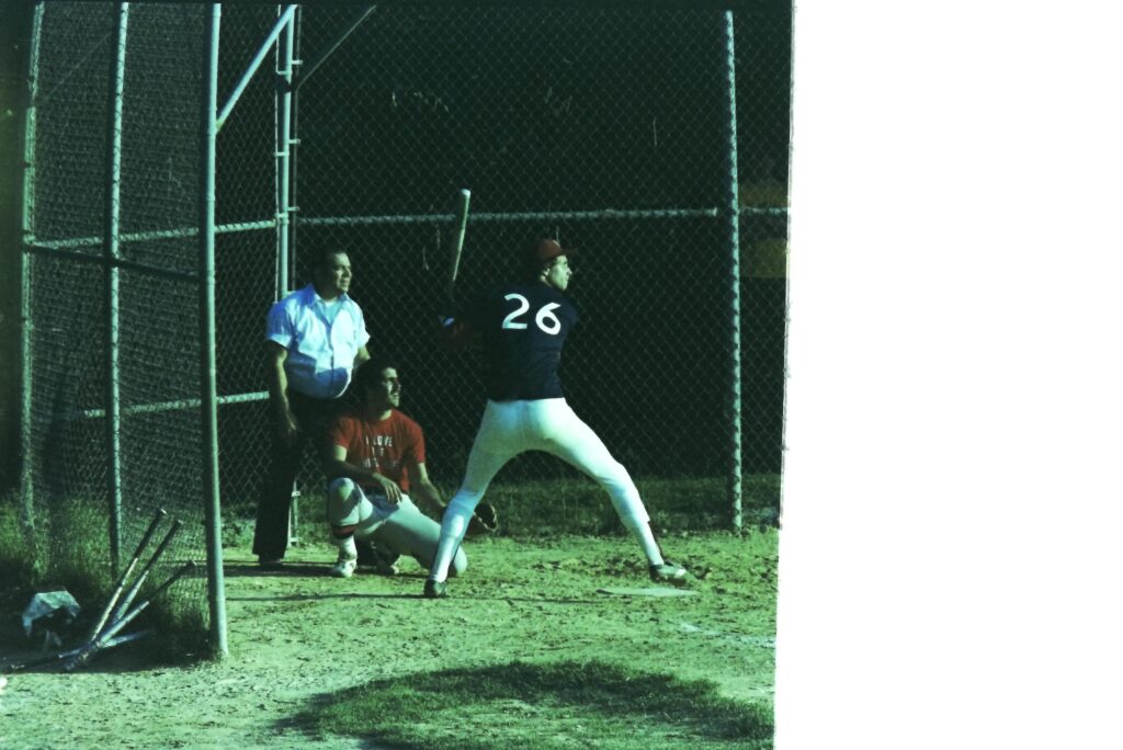 Mark Bingham batting in an adult softball game.  Circa 1981.