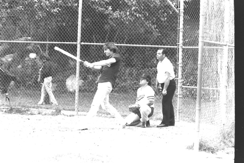 Nick Borowitz batting for Logue’s at adult softball game